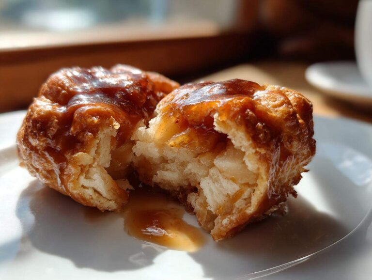 A close-up photo showing a warm apple dumpling broken in half, revealing soft interior and dripping caramel glaze.