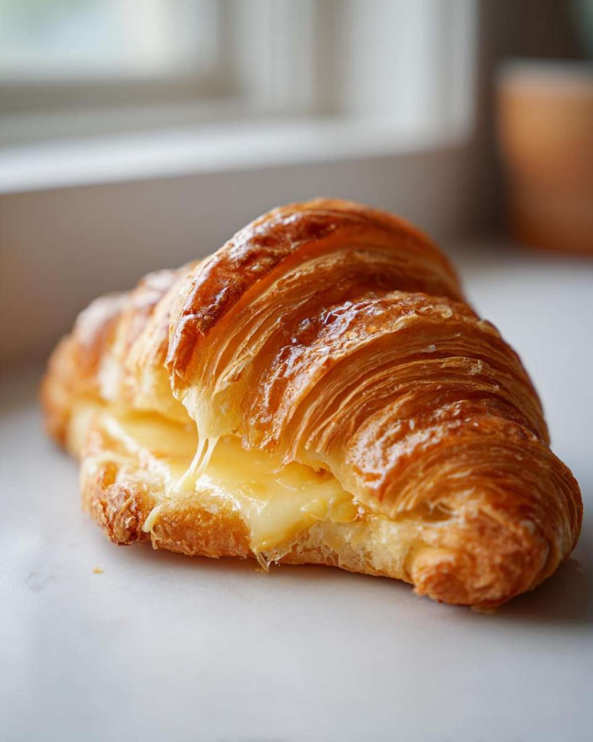 Close-up of a golden baked ham and cheese croissant with melted cheese oozing out.