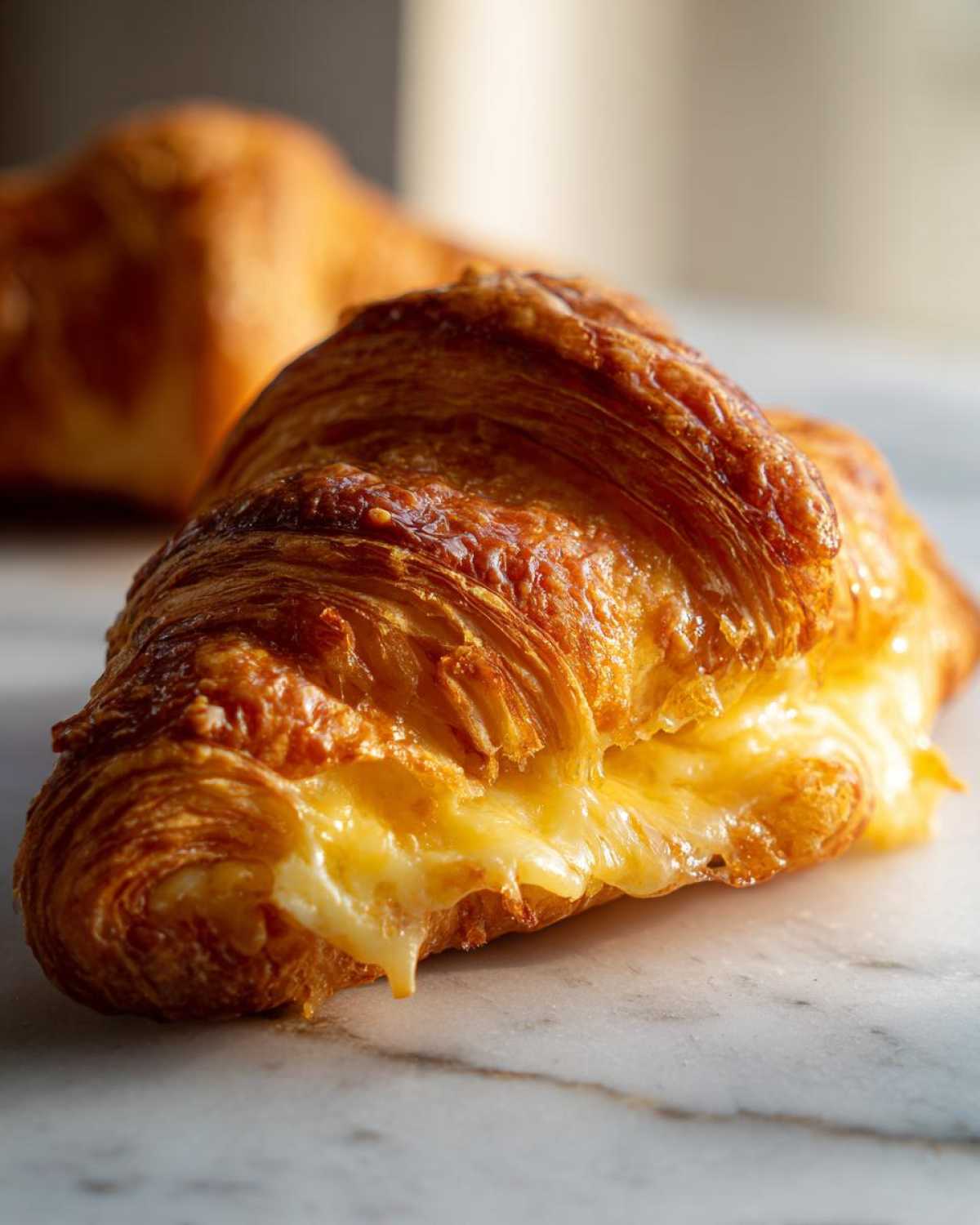 Close-up of a golden baked ham and cheese croissants with melted cheese oozing out.