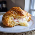 Close-up of a golden baked ham and cheese croissant with melted cheese oozing out onto a white plate.
