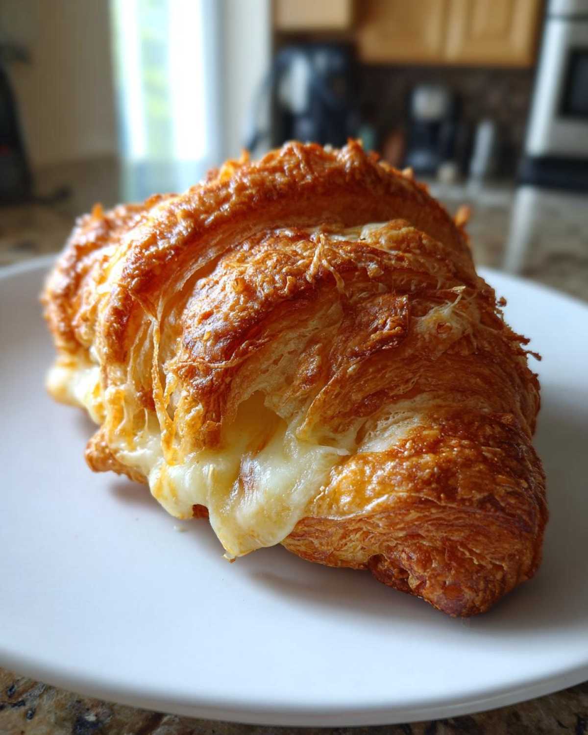 A close-up of a golden brown baked ham and cheese croissant with melted cheese oozing out.
