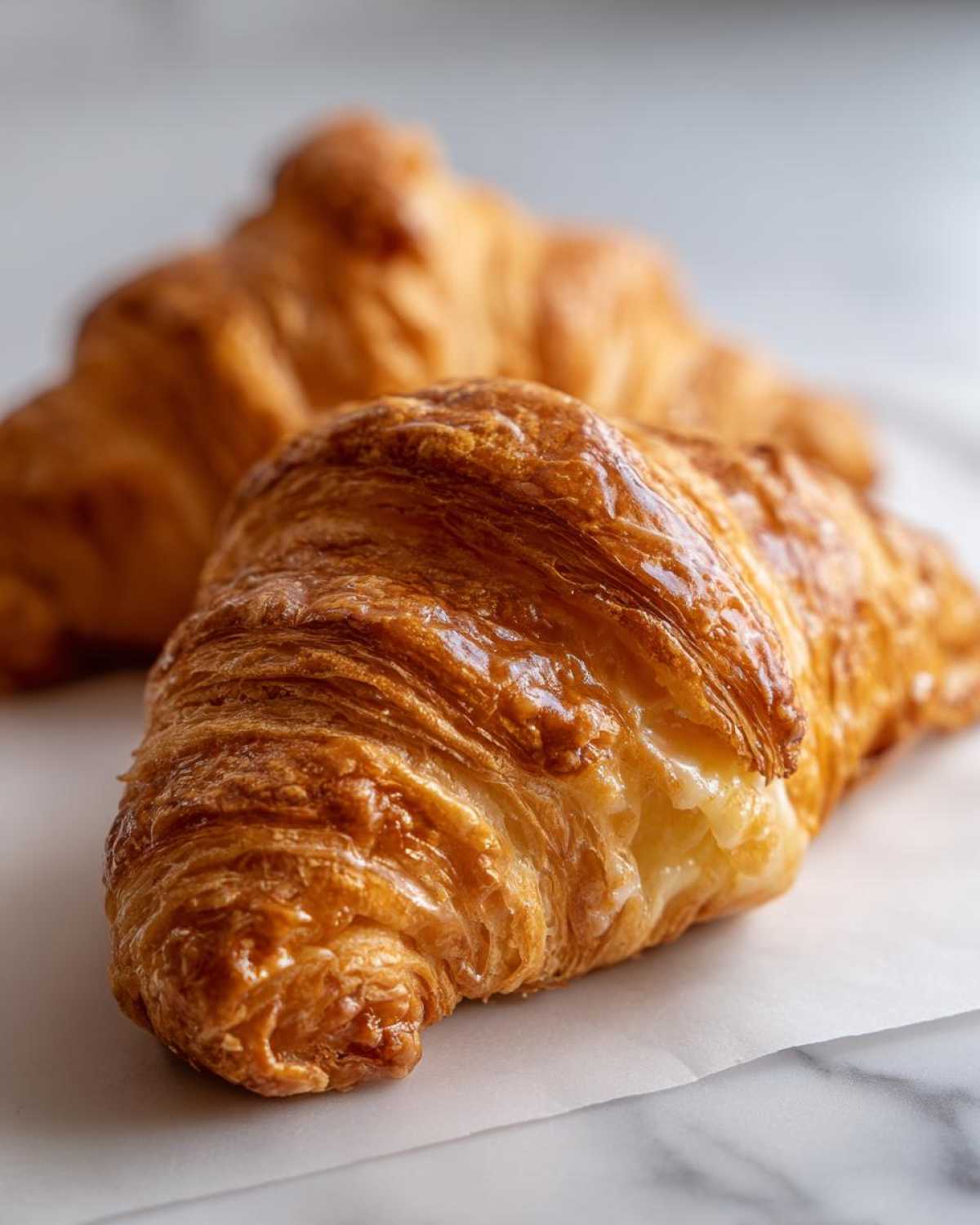 Close-up of a flaky, golden baked ham and cheese croissants showing melted cheese filling.