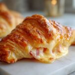 Close-up of a golden baked ham and cheese croissant with melted cheese oozing out.