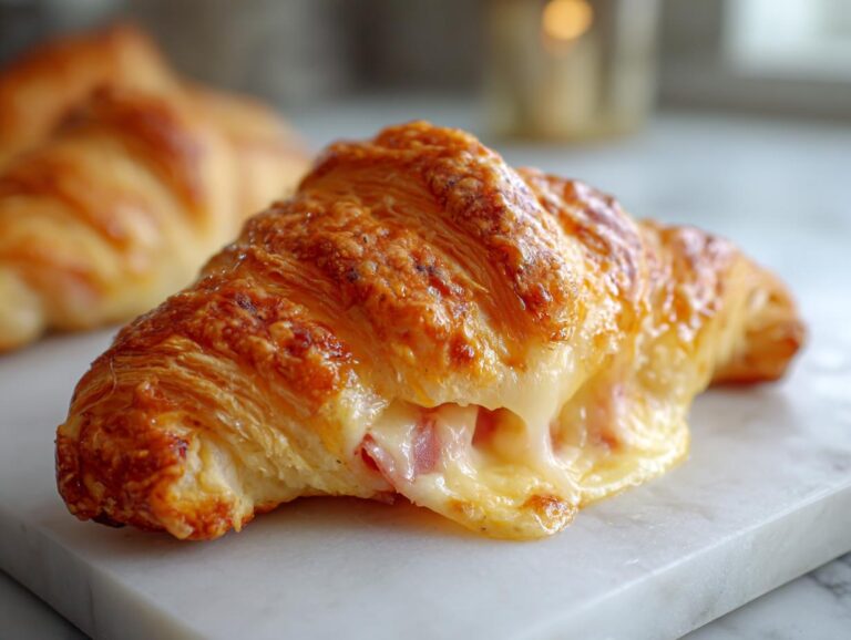 Close-up of a golden baked ham and cheese croissant with melted cheese oozing out.