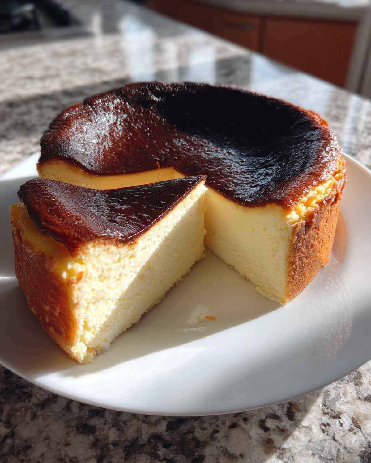 A slice cut from a creamy Basque cheesecake showing its signature dark, caramelized top.