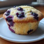 A close-up of a single, golden-brown blueberry cottage cheese muffin sitting on a small white plate.