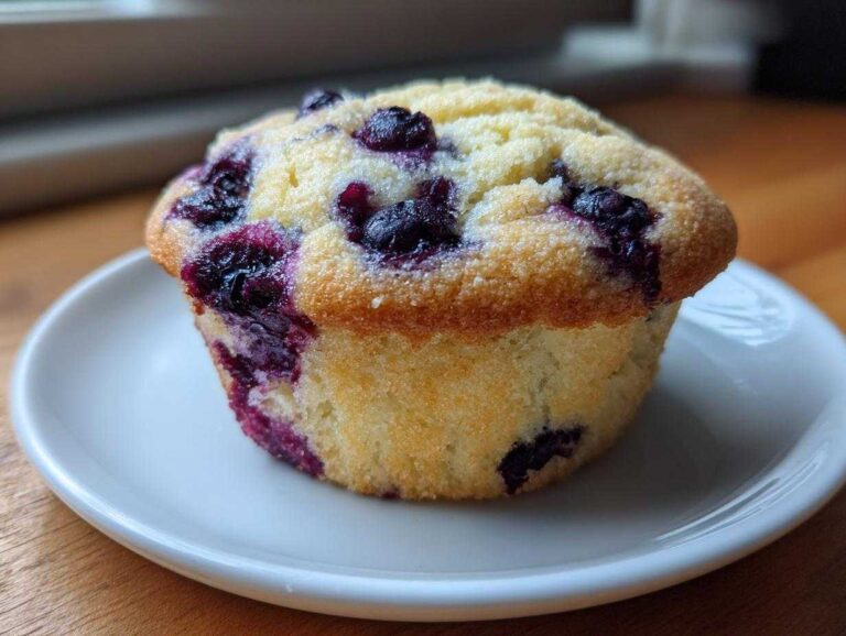 A close-up of a single, golden-brown blueberry cottage cheese muffin sitting on a small white plate.