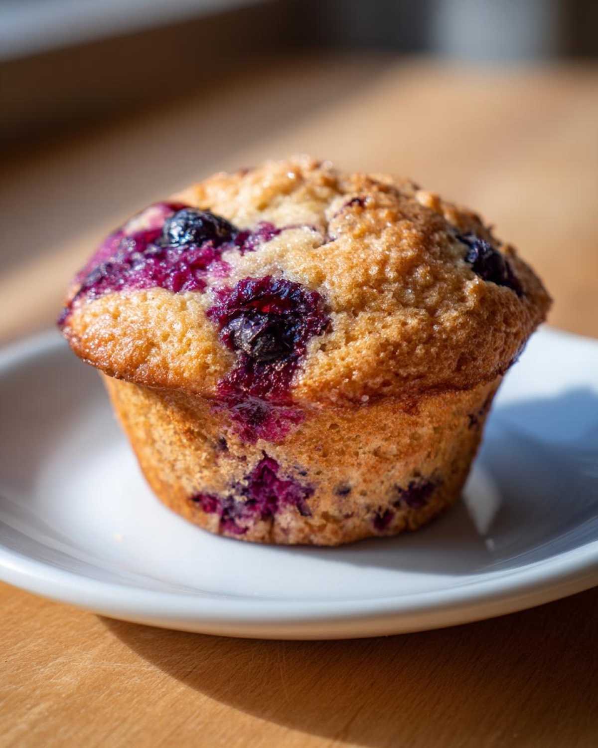 A single, golden-brown blueberry cottage cheese muffin with visible, juicy blueberries on top, resting on a white plate.