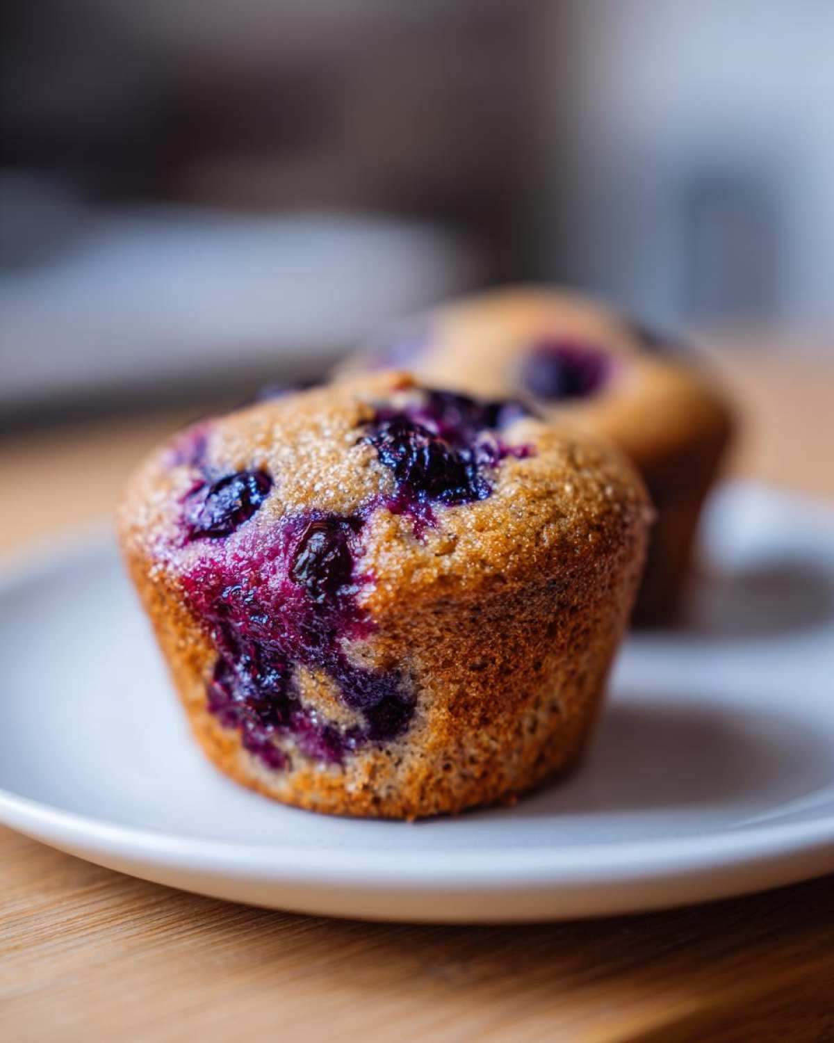 A close-up of a freshly baked blueberry cottage cheese muffin with a golden top and visible burst blueberries.