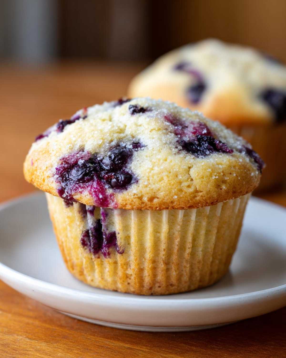 Close-up of a golden blueberry cottage cheese muffin topped with coarse sugar, sitting on a small white plate.