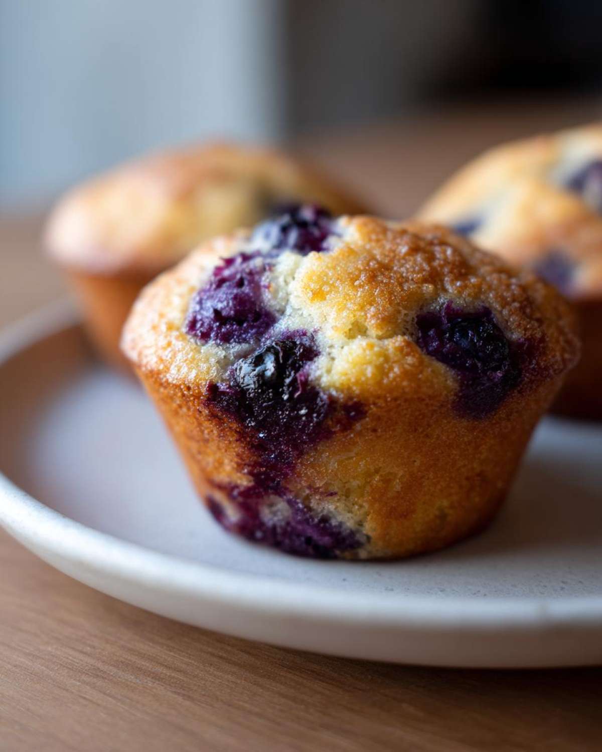 A close-up of a golden-brown blueberry cottage cheese muffin, studded with dark purple blueberries, sitting on a light plate.