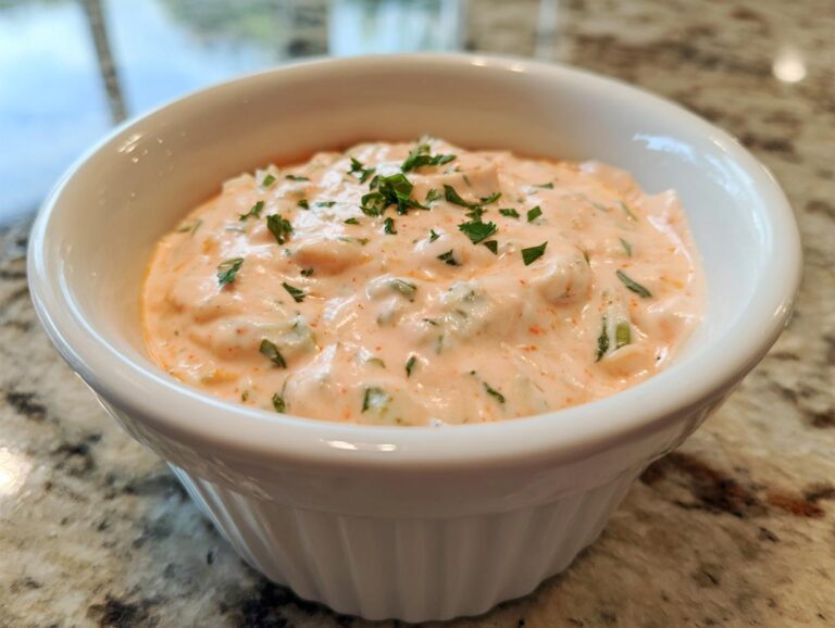 A close-up of a white ramekin filled with creamy, pinkish remoulade sauce, garnished with fresh parsley.