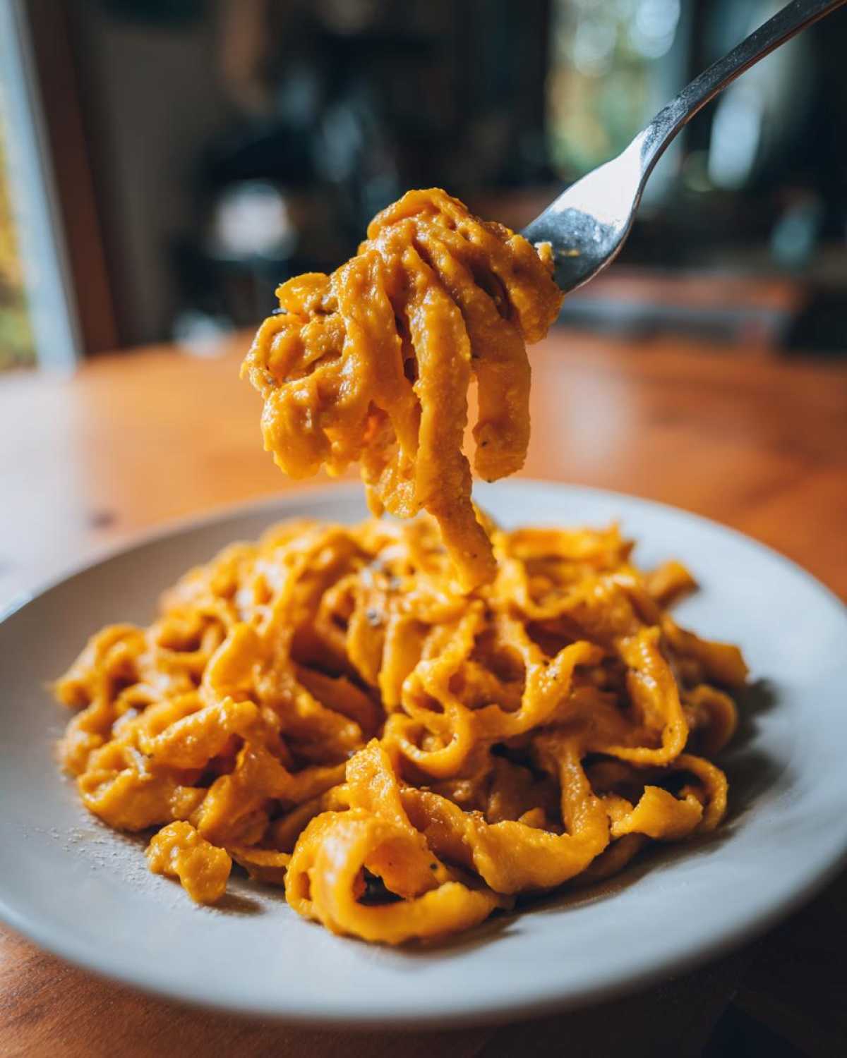 A fork lifting creamy butternut squash pasta sauce coated fettuccine noodles from a white plate.