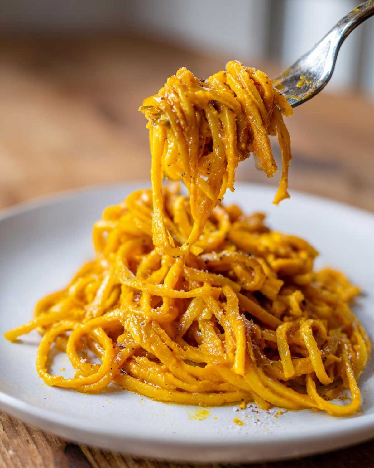 A fork lifting a tangle of spaghetti coated in vibrant orange butternut squash pasta sauce.