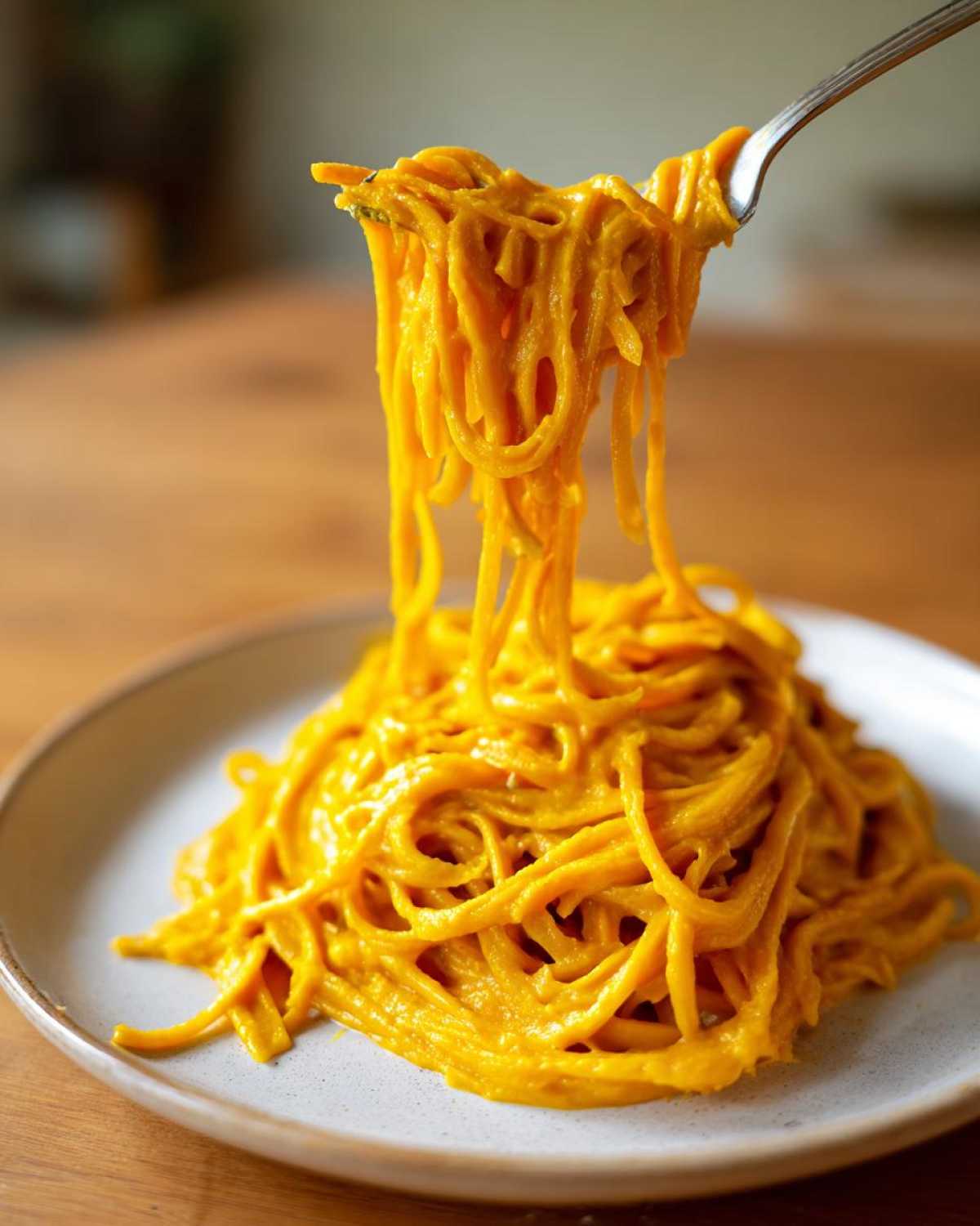 A fork lifts bright orange noodles coated in creamy butternut squash pasta sauce from a plate.