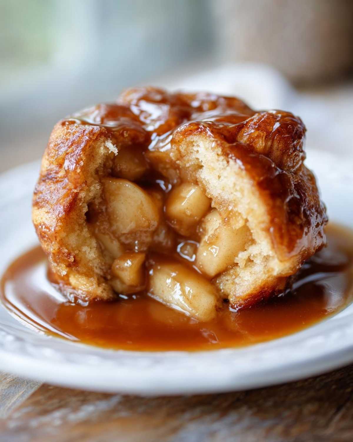 A cross-section of a warm apple dumpling showing soft cooked apple filling and drizzled with rich caramel sauce.