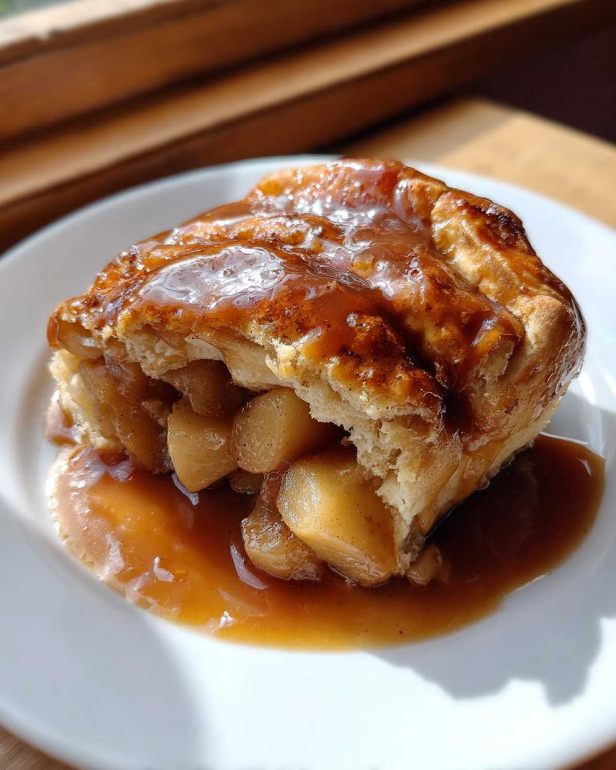 A warm, flaky apple dumpling slice covered in rich caramel sauce, resting on a white plate.