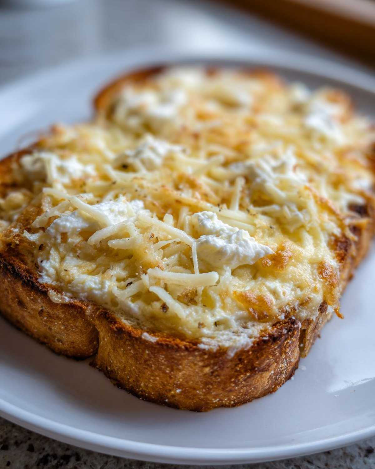 Close-up of cheesy egg toast on a white plate, featuring melted shredded cheese and dollops of soft cheese.