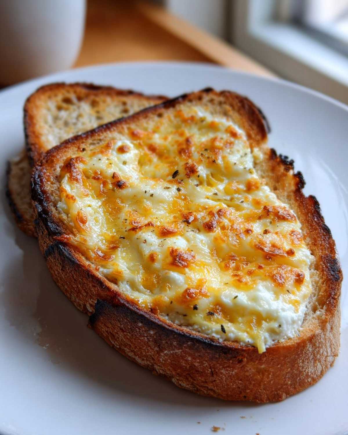 Close-up of cheesy egg toast with melted cheese topping on thick-cut toasted bread.