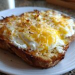 Close-up of cheesy egg toast featuring a perfectly cooked egg with a runny yolk over toasted bread.