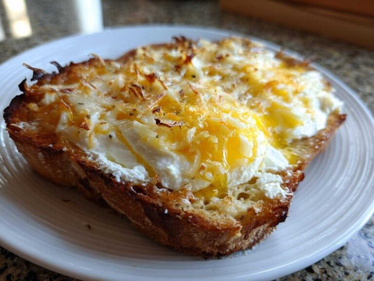 Close-up of cheesy egg toast featuring a perfectly cooked egg with a runny yolk over toasted bread.