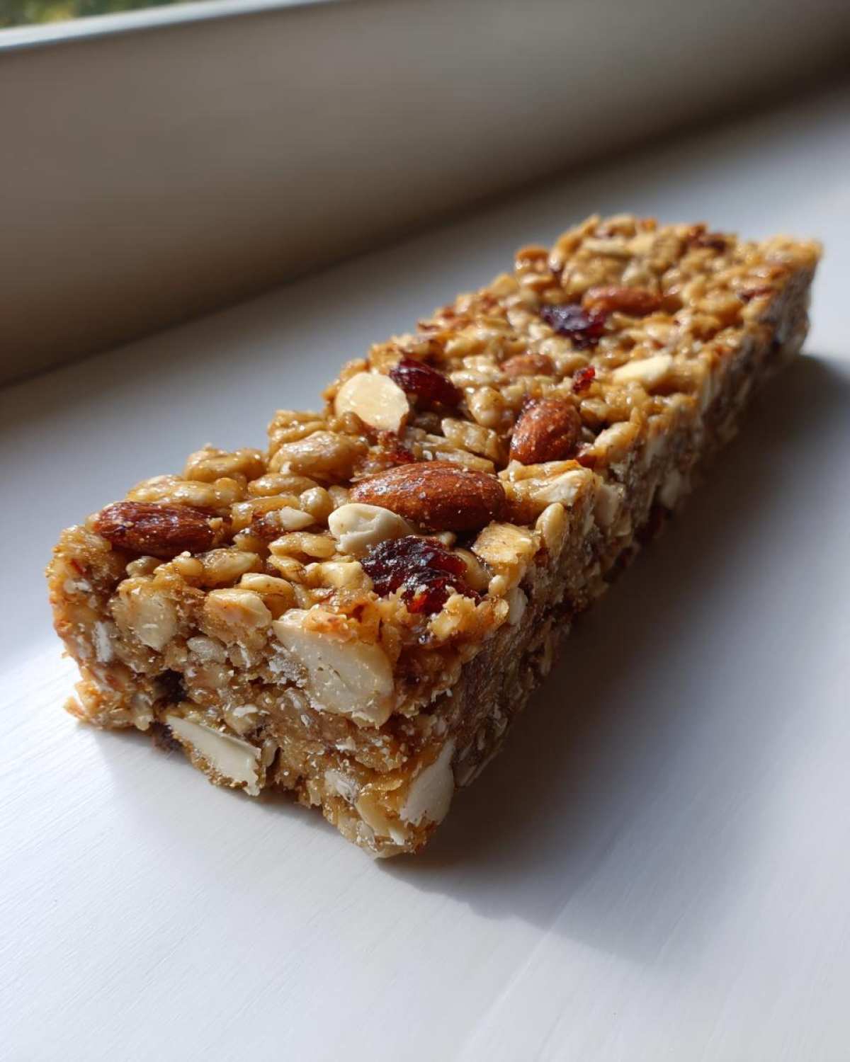 A close-up shot of a single, thick no bake granola bar packed with almonds, seeds, and dried fruit.
