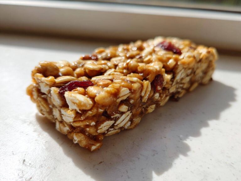 A close-up, sunlit view of a single, chewy no bake granola bar made with oats and dried cranberries.