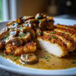 Close-up of a perfectly cooked slice of breaded chicken marsala topped with rich mushroom sauce and parsley.