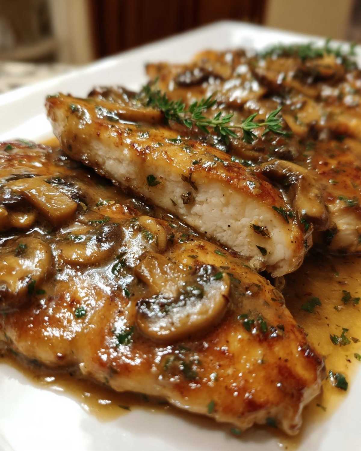 Close-up of pan-seared chicken breasts smothered in rich mushroom sauce, showcasing the texture of the chicken marsala.