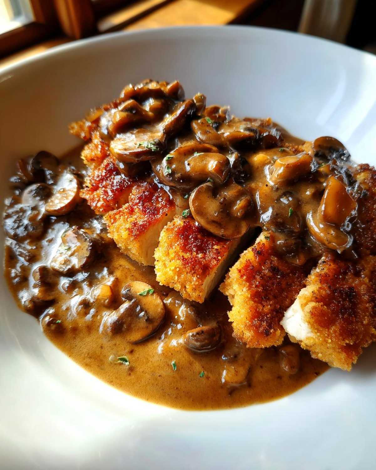 Close-up of breaded chicken marsala cut into pieces, smothered in a rich, brown mushroom Marsala sauce.