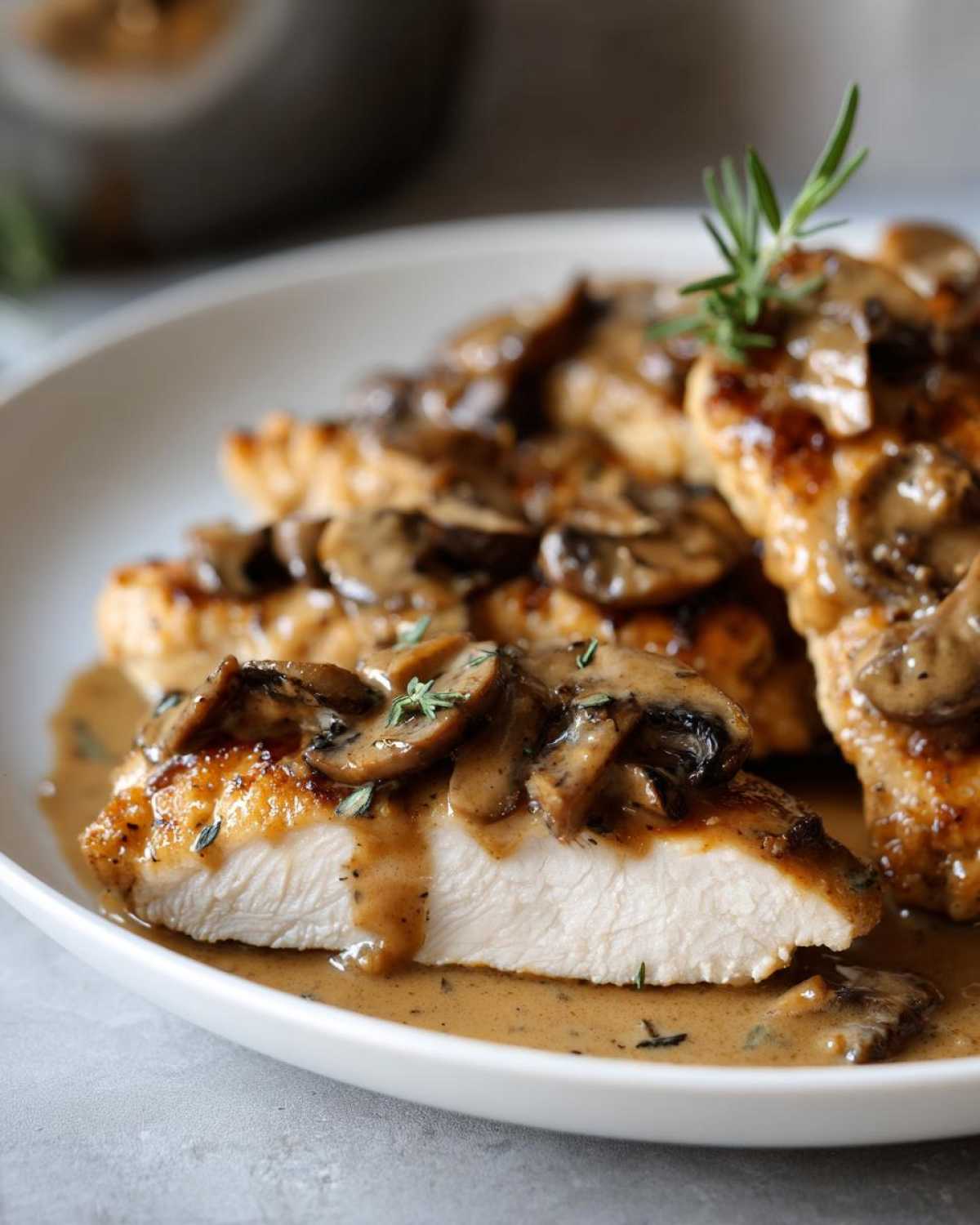 Close-up of a slice of chicken marsala showing the juicy white meat covered in rich mushroom Marsala sauce.