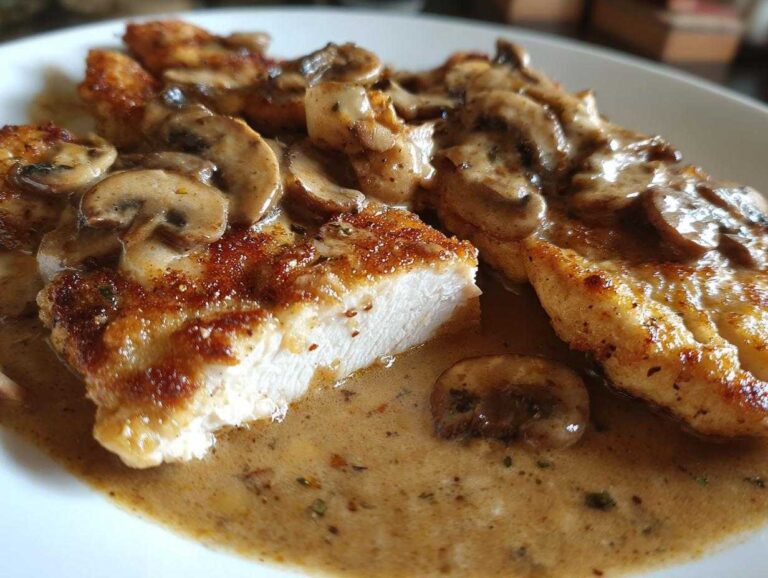 Close-up of pan-seared chicken marsala cut open, smothered in creamy mushroom sauce.