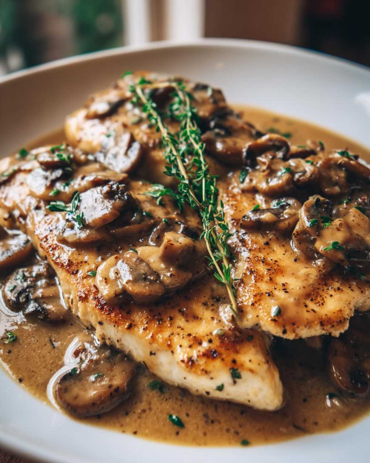 Close-up of pan-seared chicken breasts covered in rich mushroom sauce, garnished with fresh thyme for amazing chicken marsala.