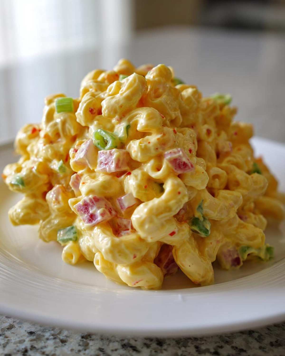 A close-up of a creamy mound of Copycat Deli-Style Macaroni Salad with elbow macaroni, red peppers, and green onions on a white plate.