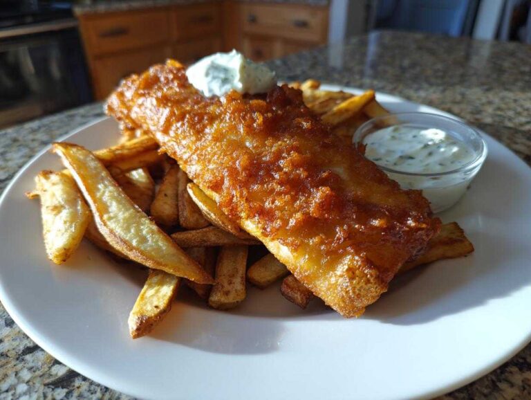A golden, crispy piece of Copycat Pub-Style Fish and Chips served with thick-cut fries and tartar sauce.