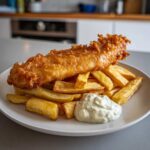 A crispy, golden piece of battered fish served over thick-cut chips with a dollop of tartar sauce, ready for Copycat Pub-Style Fish and Chips.
