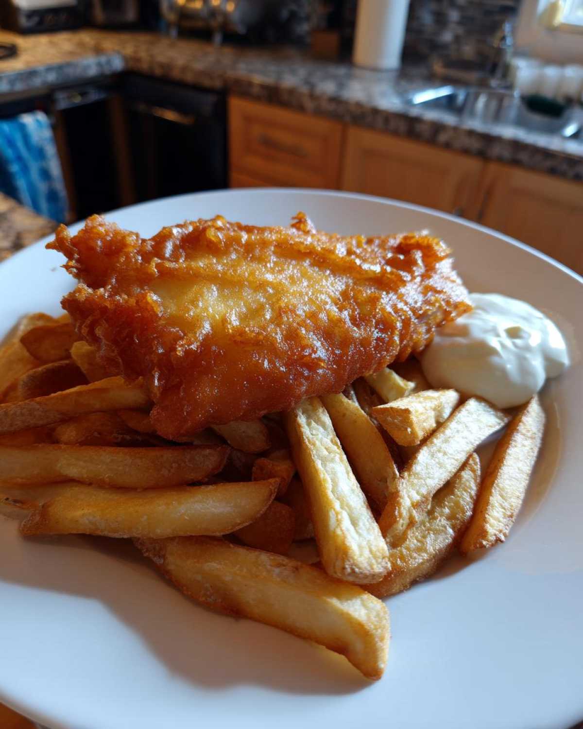 A serving of golden, battered fish atop thick-cut chips, with a dollop of tartar sauce, ready for eating Copycat Pub-Style Fish and Chips.