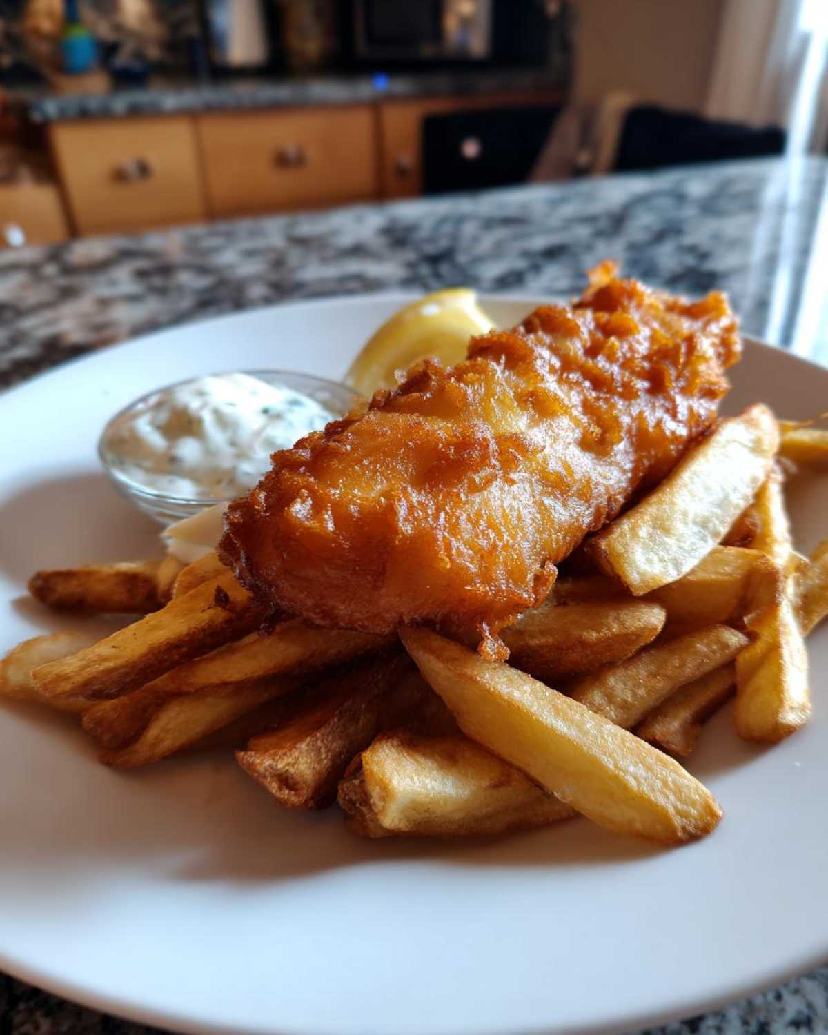A perfectly battered piece of fish resting on a pile of thick-cut chips, served with tartar sauce for Copycat Pub-Style Fish and Chips.