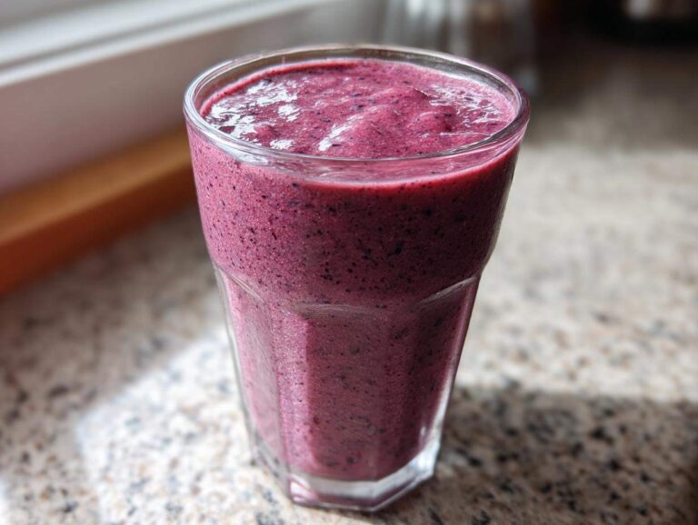 A close-up of a thick, vibrant purple Creamy Blueberry Banana Smoothie served in a clear glass on a speckled countertop.