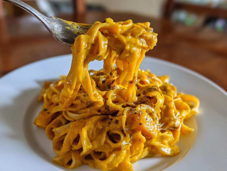 A fork lifts creamy fettuccine coated in vibrant butternut squash pasta sauce from a white plate.