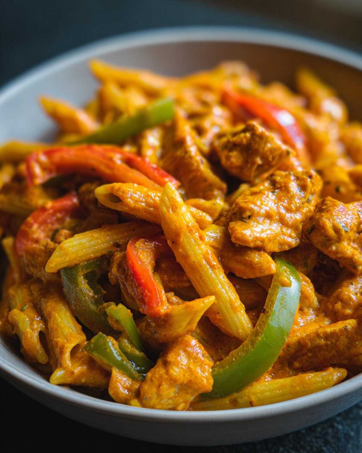 Close-up of creamy, orange-hued rasta pasta mixed with chicken chunks and sliced red and green bell peppers.