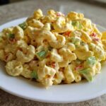 A close-up of creamy Copycat Deli-Style Macaroni Salad featuring elbow macaroni, celery, and red peppers on a white plate.