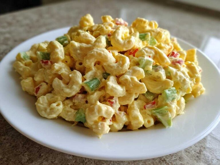 A close-up of creamy Copycat Deli-Style Macaroni Salad featuring elbow macaroni, celery, and red peppers on a white plate.