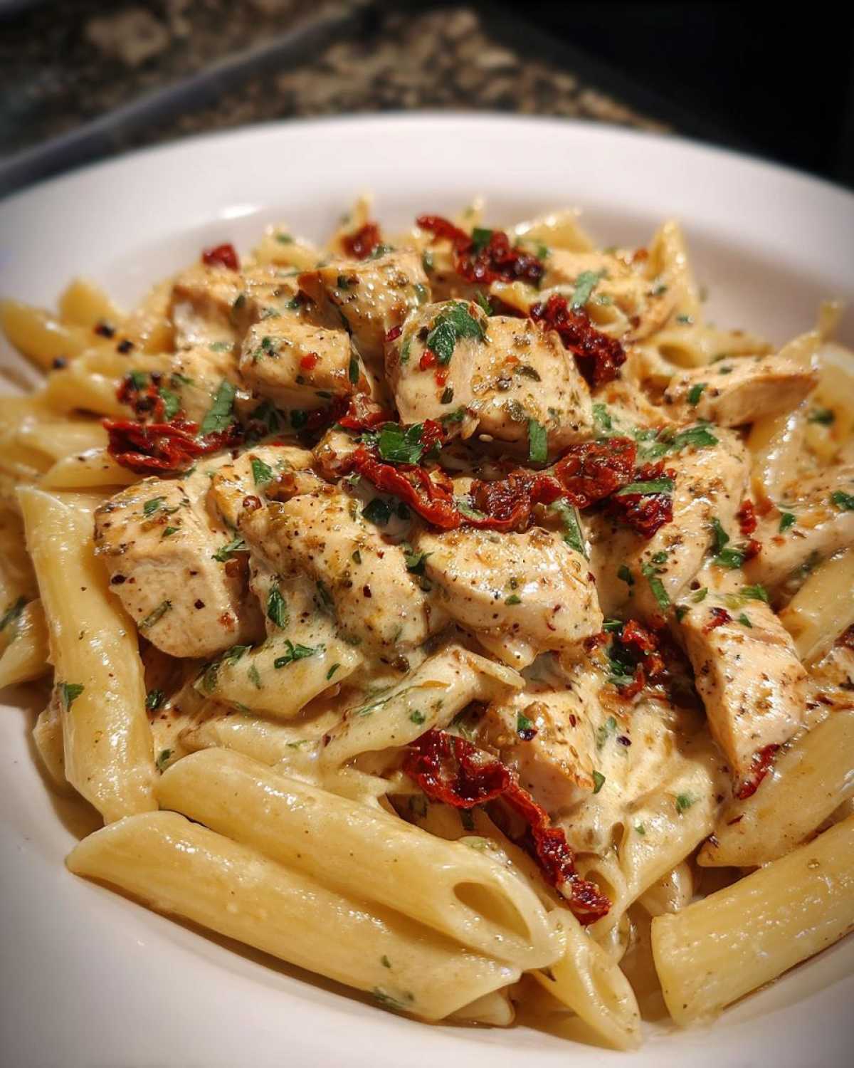 A close-up of a bowl of creamy marry me chicken pasta featuring penne, diced chicken, and sun-dried tomatoes.