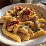 Close-up of a bowl of creamy marry me chicken pasta featuring penne, diced chicken, and sun-dried tomatoes.