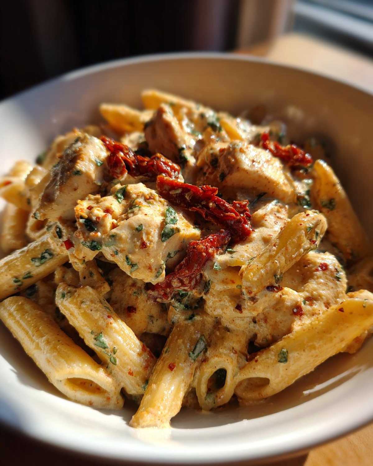 Close-up of creamy marry me chicken pasta with penne, chicken chunks, and sun-dried tomatoes.