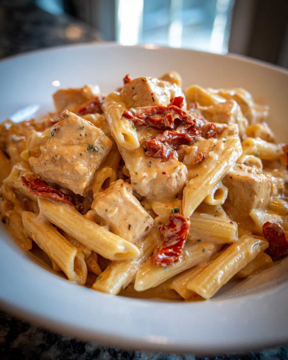 A close-up of creamy marry me chicken pasta featuring penne, diced chicken, and sun-dried tomatoes in a white bowl.