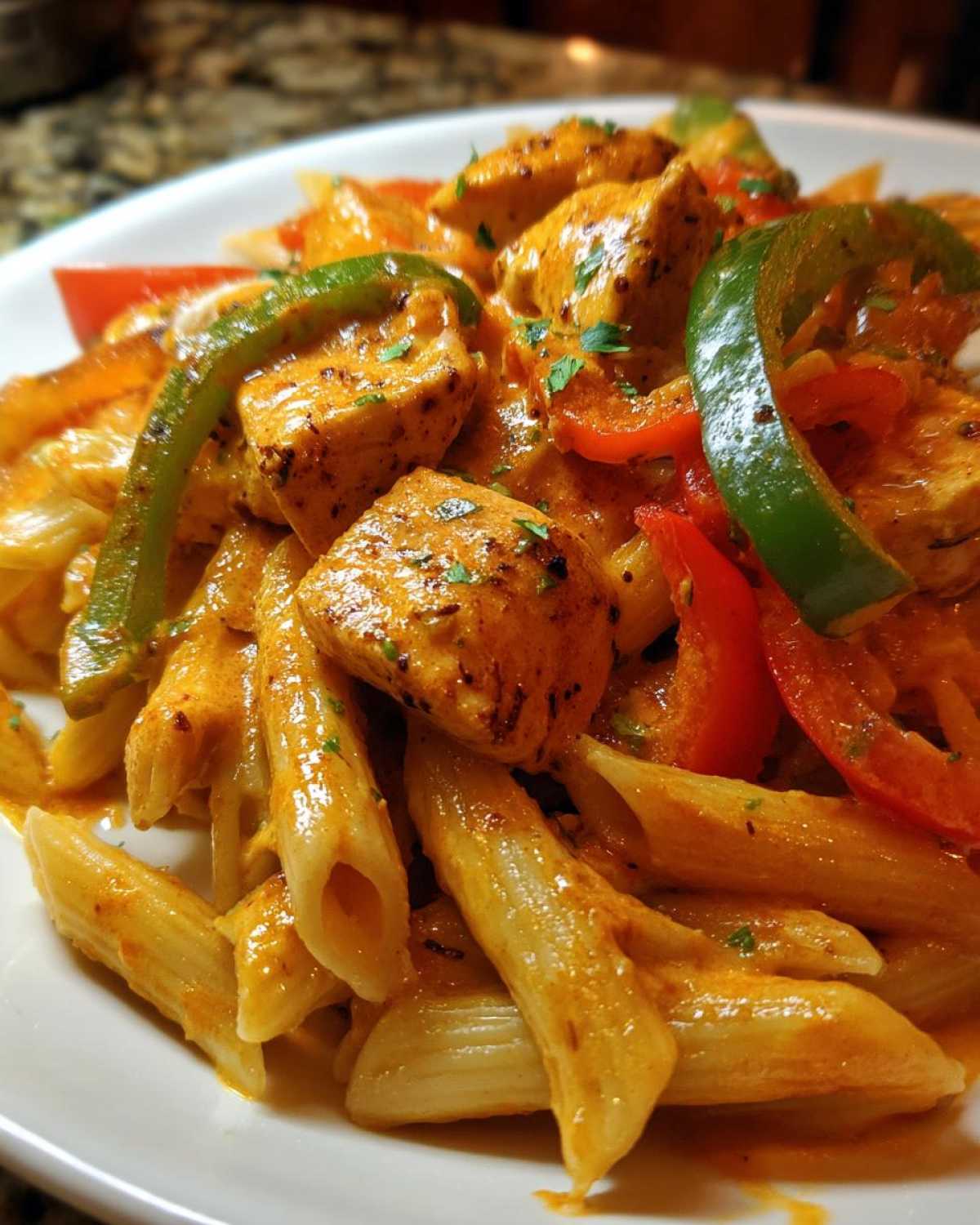 A close-up shot of creamy rasta pasta featuring penne coated in a rich orange sauce, topped with chunks of seasoned chicken and slices of green and red bell peppers.