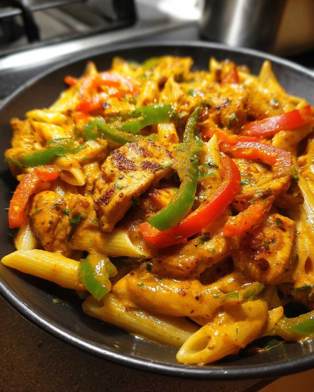 A close-up shot of creamy, orange-sauced rasta pasta mixed with grilled chicken pieces and bright red and green bell peppers.