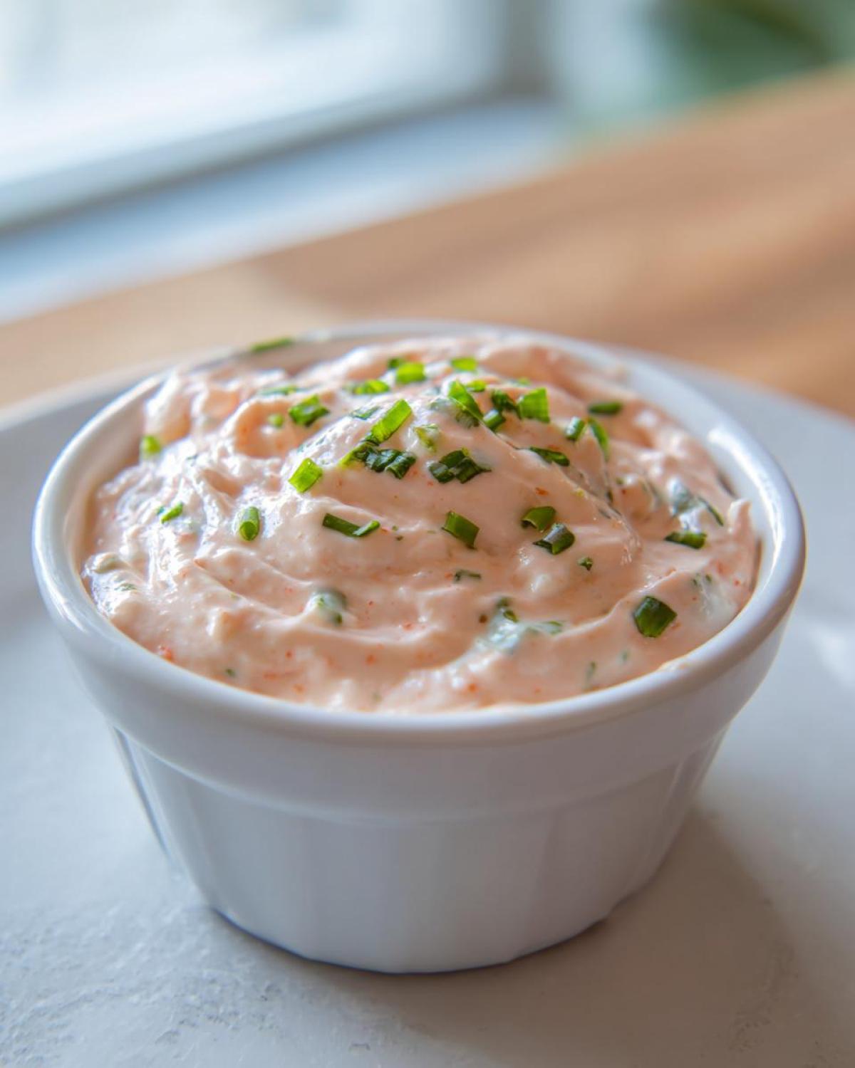 A small white ramekin filled with creamy, pinkish remoulade sauce, topped with fresh chopped chives.